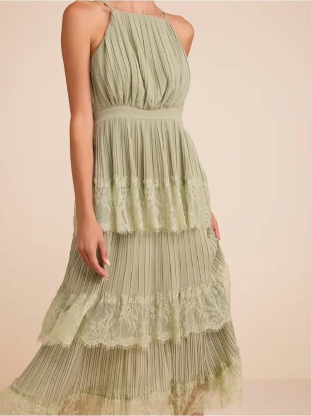 NWT Lulu's Light Sage Green Pleated Tiered Midi Dress